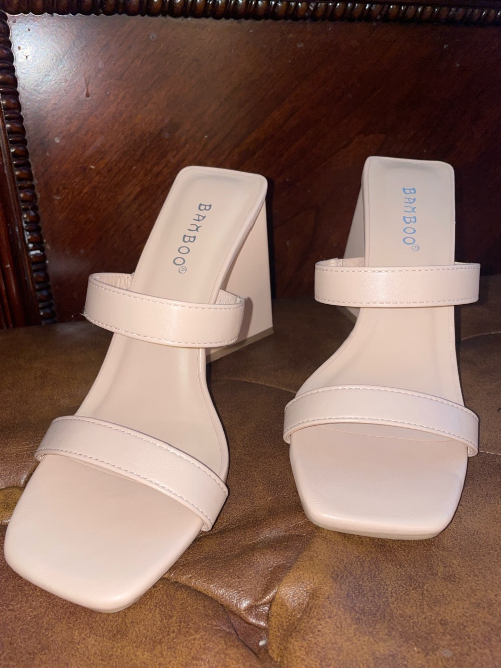 BAMBOO Pale Blush Double-Strap Block Heel Mules